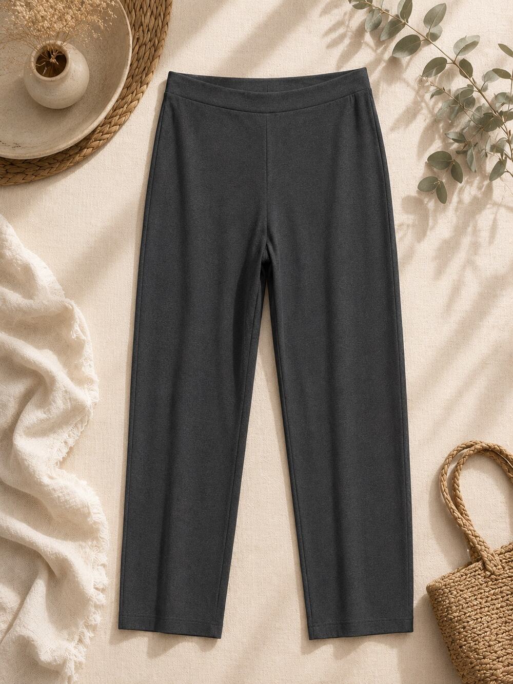 Eileen Fisher Charcoal Gray Stretch Knit Pull On Straight Leg Pants Classic SZ M